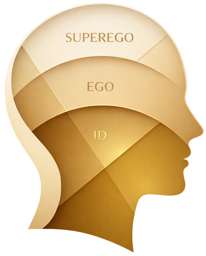 Ilustração da estrutura da mente segundo Freud: Id, Ego e Superego em camadas douradas - Modelo psicanalítico