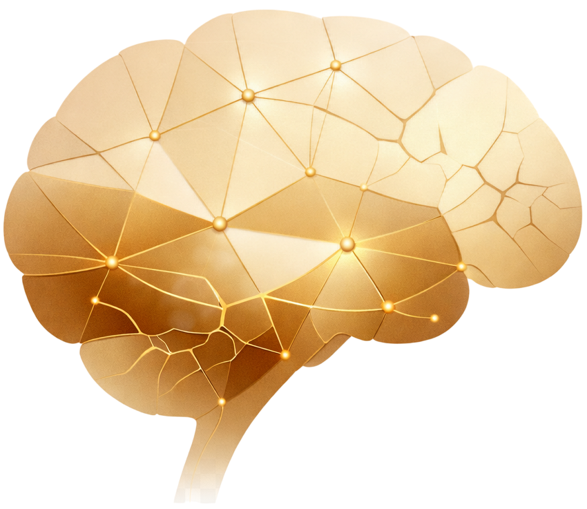 Ilustração 3D de cérebro humano dourado com rede neural luminosa e conexões brilhantes, simbolizando o inconsciente e os processos mentais na psicanálise - Instituto Psytiva