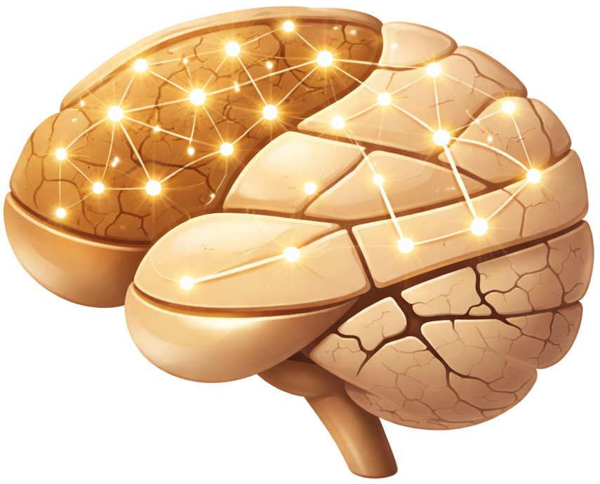 Ilustração 3D de cérebro humano dourado com rede neural luminosa e conexões brilhantes, simbolizando o inconsciente e os processos mentais na psicanálise - Instituto Psytiva