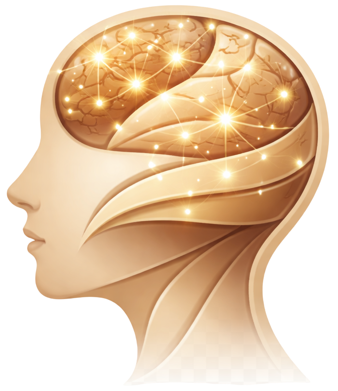 Ilustração de cérebro humano em tons dourados com conexões luminosas, representando a mente e o inconsciente na psicanálise - Instituto Psytiva